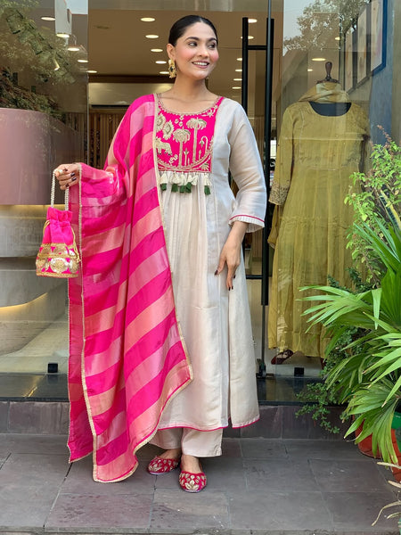 Festive Embroidered Ivory Anarkali Suit Set with Striped Dupatta