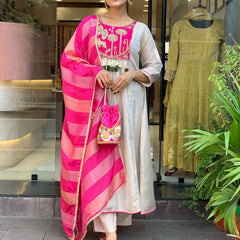 Festive Embroidered Ivory Anarkali Suit Set with Striped Dupatta