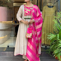 Festive Embroidered Ivory Anarkali Suit Set with Striped Dupatta