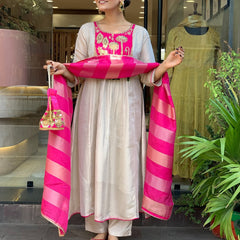 Festive Embroidered Ivory Anarkali Suit Set with Striped Dupatta