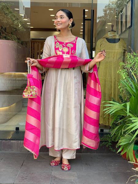 Festive Embroidered Ivory Anarkali Suit Set with Striped Dupatta