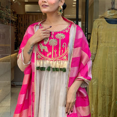 Festive Embroidered Ivory Anarkali Suit Set with Striped Dupatta