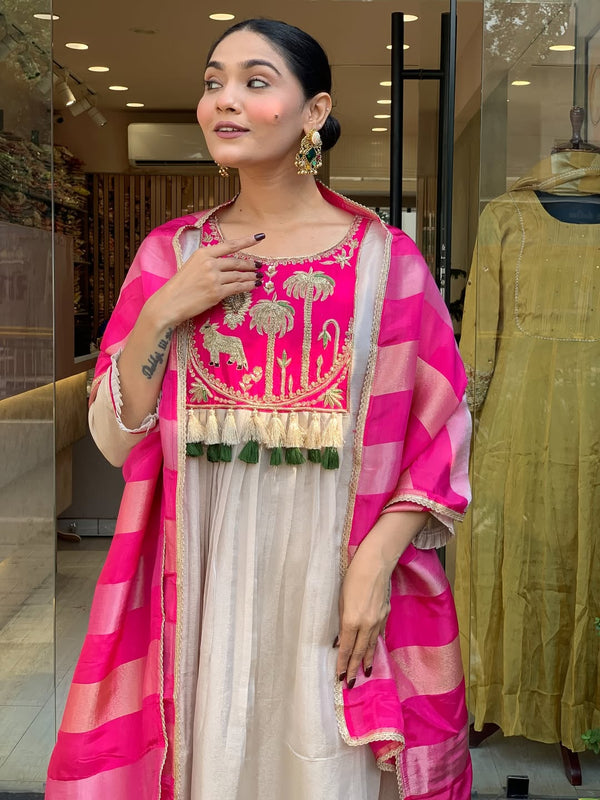 Festive Embroidered Ivory Anarkali Suit Set with Striped Dupatta