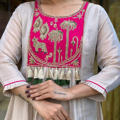 Festive Embroidered Ivory Anarkali Suit Set with Striped Dupatta