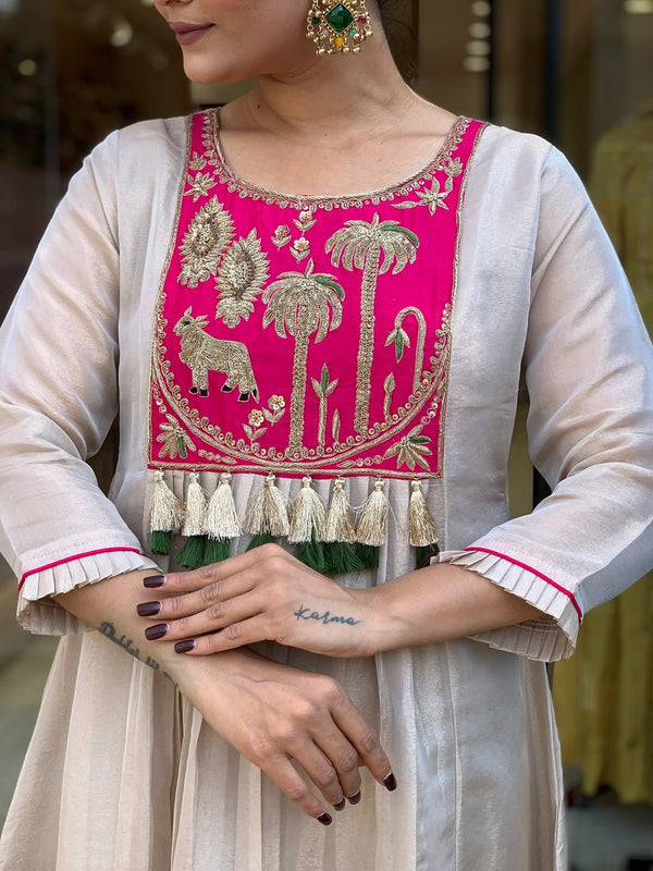 Festive Embroidered Ivory Anarkali Suit Set with Striped Dupatta