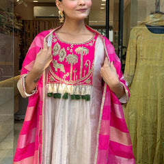 Festive Embroidered Ivory Anarkali Suit Set with Striped Dupatta