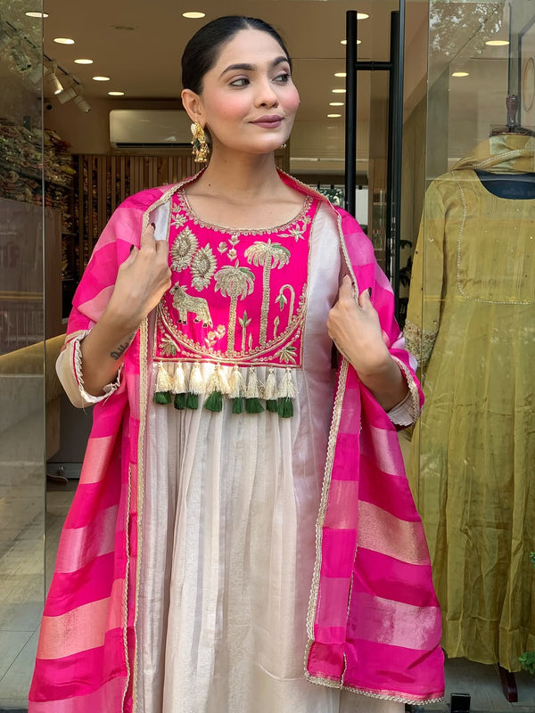 Festive Embroidered Ivory Anarkali Suit Set with Striped Dupatta