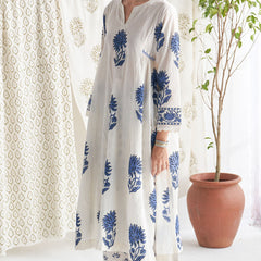 Blue Block Printed Side gather kurta with palazzo and printed dupatta