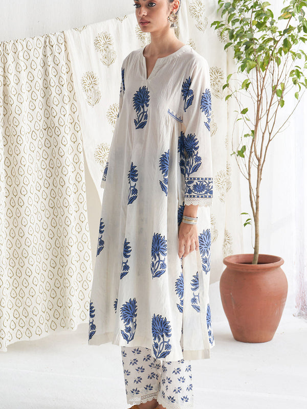 Blue Block Printed Side gather kurta with palazzo and printed dupatta