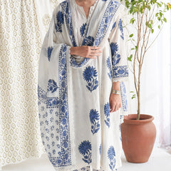 Blue Block Printed Side gather kurta with palazzo and printed dupatta