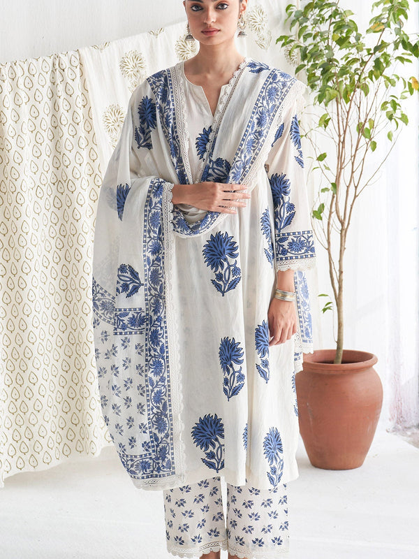 Blue Block Printed Side gather kurta with palazzo and printed dupatta