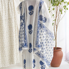 Blue Block Printed Side gather kurta with palazzo and printed dupatta