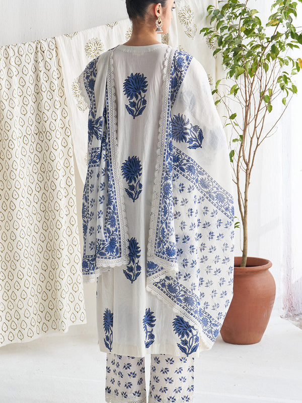 Blue Block Printed Side gather kurta with palazzo and printed dupatta