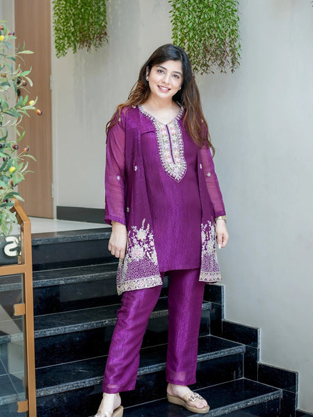 Purple Embroidered Festive Co-Ord Set