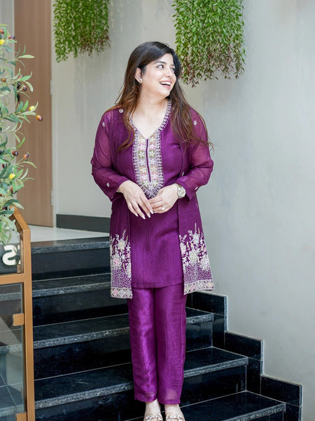 Purple Embroidered Festive Co-Ord Set