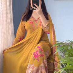 Yellow Chinon Mirror Work Salwar Suit