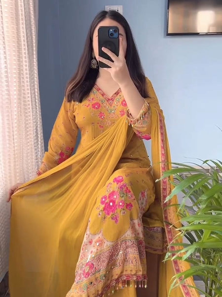 Yellow Chinon Mirror Work Salwar Suit