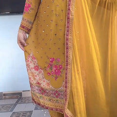 Yellow Chinon Mirror Work Salwar Suit