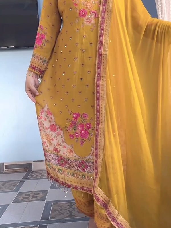Yellow Chinon Mirror Work Salwar Suit