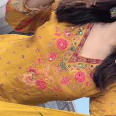 Yellow Chinon Mirror Work Salwar Suit