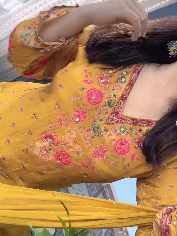 Yellow Chinon Mirror Work Salwar Suit