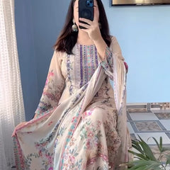 Beige Floral Printed & Embroidered Kurta Set with Dupatta