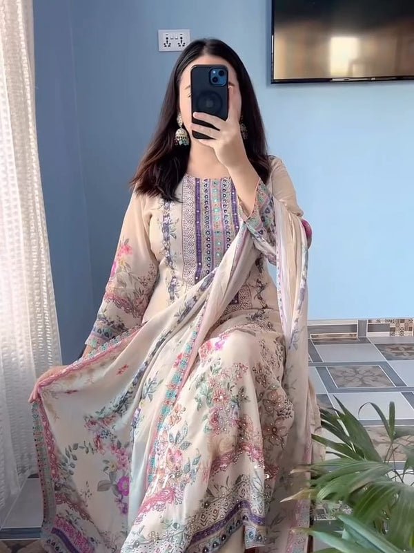 Beige Floral Printed & Embroidered Kurta Set with Dupatta