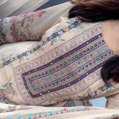 Beige Floral Printed & Embroidered Kurta Set with Dupatta