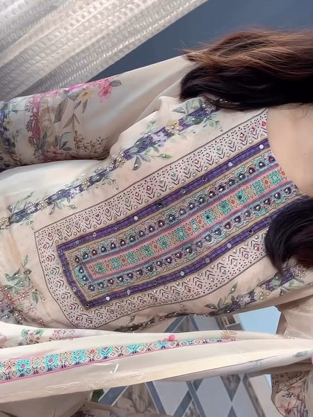 Beige Floral Printed & Embroidered Kurta Set with Dupatta