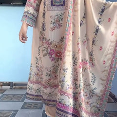 Beige Floral Printed & Embroidered Kurta Set with Dupatta
