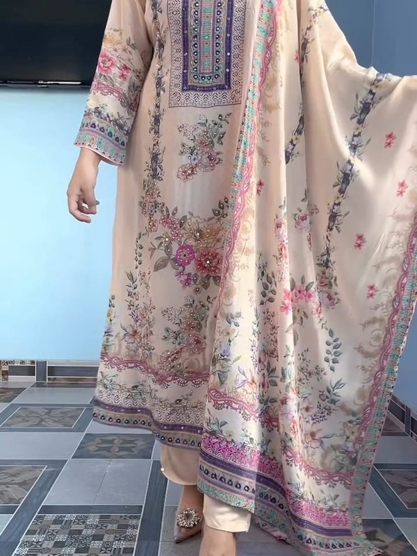 Beige Floral Printed & Embroidered Kurta Set with Dupatta