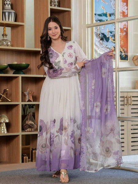 Lavender Bloom Printed Anarkali Gown with Sheer Dupatta
