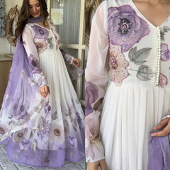 Lavender Bloom Printed Anarkali Gown with Sheer Dupatta