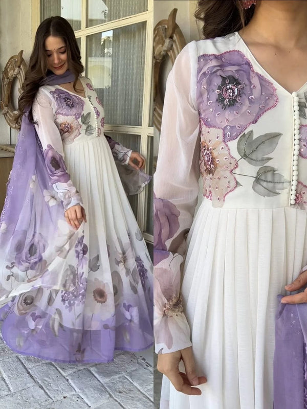 Lavender Bloom Printed Anarkali Gown with Sheer Dupatta