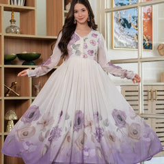 Lavender Bloom Printed Anarkali Gown with Sheer Dupatta