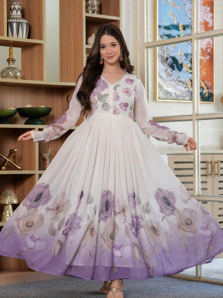 Lavender Bloom Printed Anarkali Gown with Sheer Dupatta