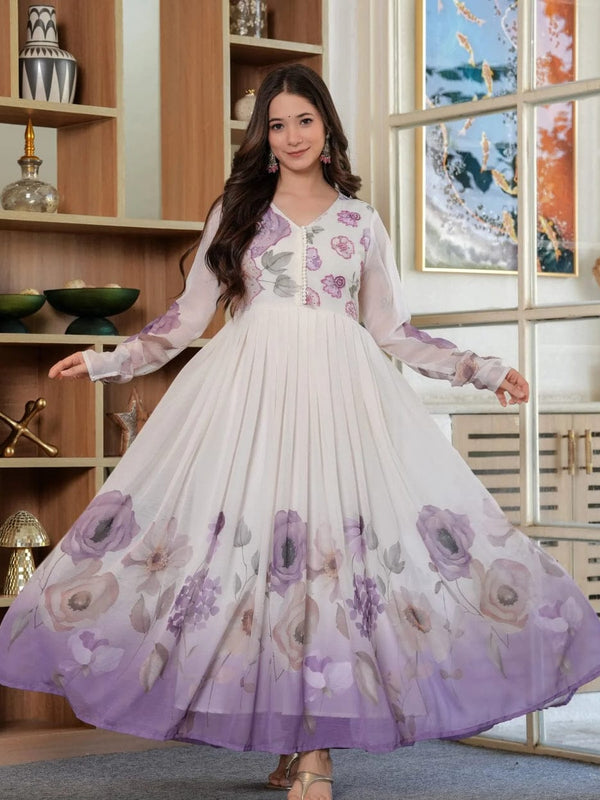 Lavender Bloom Printed Anarkali Gown with Sheer Dupatta