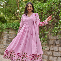 Floral Embroidered Pintuck Anarkali Suit Set with Dupatta