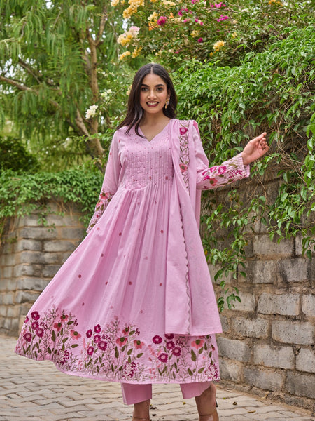 Floral Embroidered Pintuck Anarkali Suit Set with Dupatta