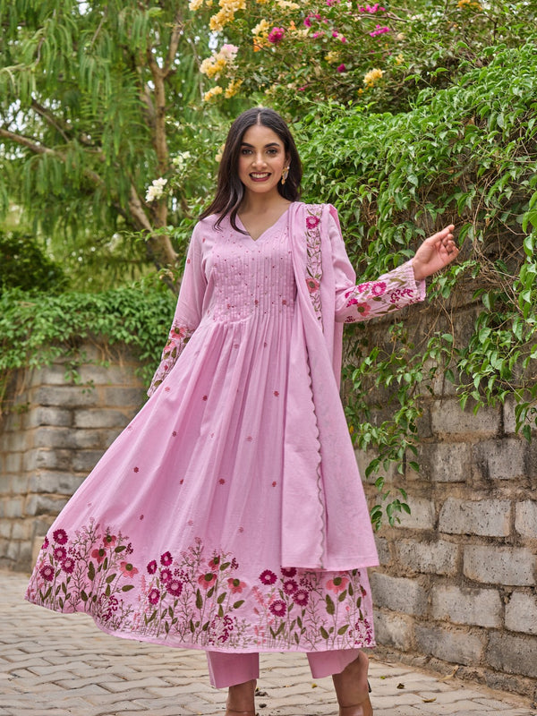 Floral Embroidered Pintuck Anarkali Suit Set with Dupatta