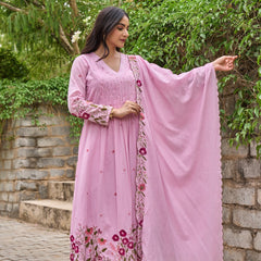 Floral Embroidered Pintuck Anarkali Suit Set with Dupatta