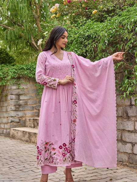 Floral Embroidered Pintuck Anarkali Suit Set with Dupatta