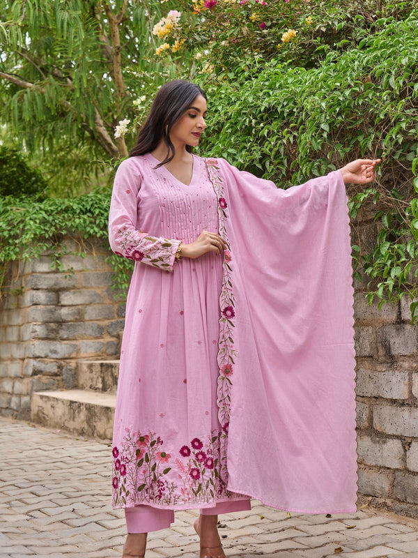 Floral Embroidered Pintuck Anarkali Suit Set with Dupatta