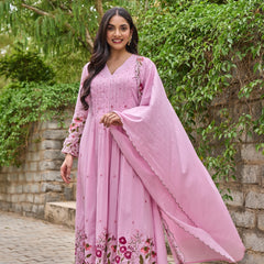 Floral Embroidered Pintuck Anarkali Suit Set with Dupatta
