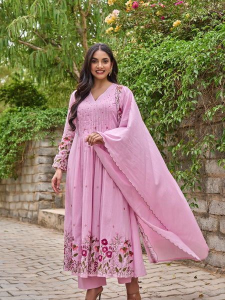 Floral Embroidered Pintuck Anarkali Suit Set with Dupatta