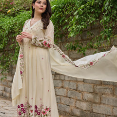 Floral Embroidered Pintuck Anarkali Suit Set with Dupatta