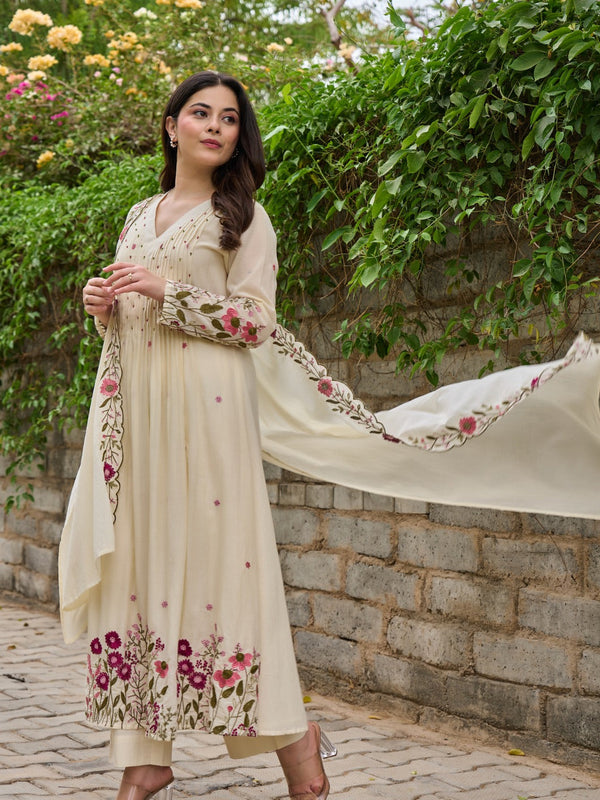 Floral Embroidered Pintuck Anarkali Suit Set with Dupatta