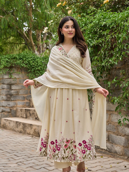 Floral Embroidered Pintuck Anarkali Suit Set with Dupatta
