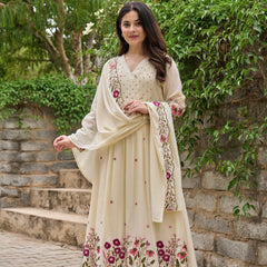 Floral Embroidered Pintuck Anarkali Suit Set with Dupatta