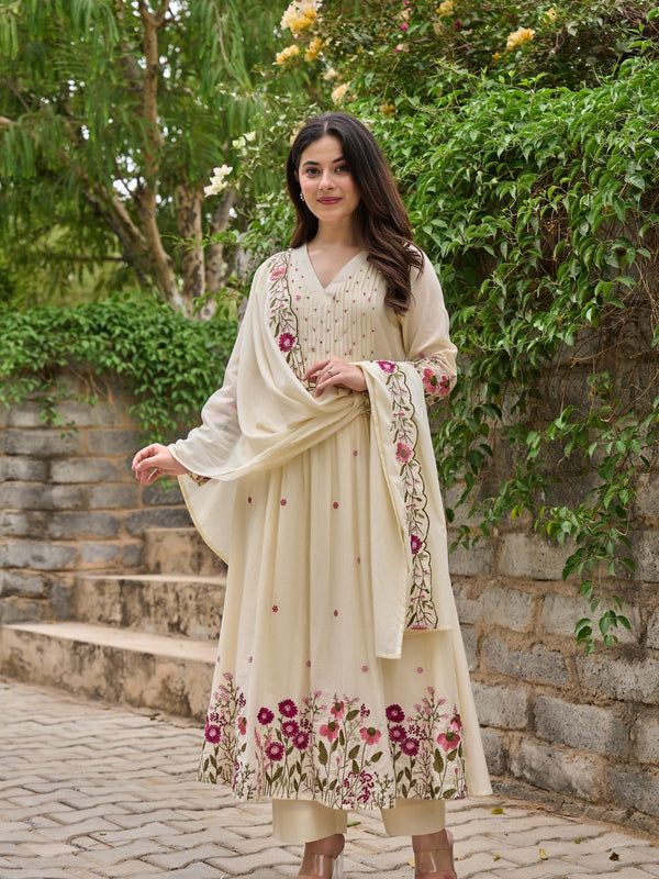 Floral Embroidered Pintuck Anarkali Suit Set with Dupatta
